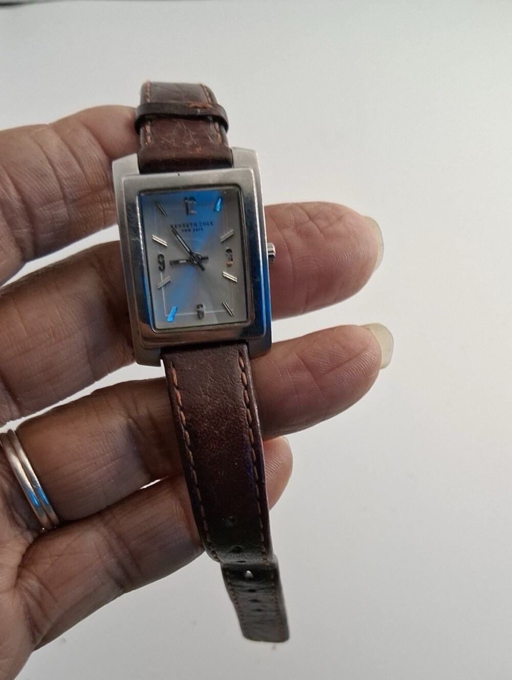 Kenneth Cole New York Womens Rectangular Tank Watch Silver Dial Brown Leather